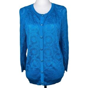 St. John Vibrant Blue Oriel Stitch Sweater Knit Cardigan Size Large